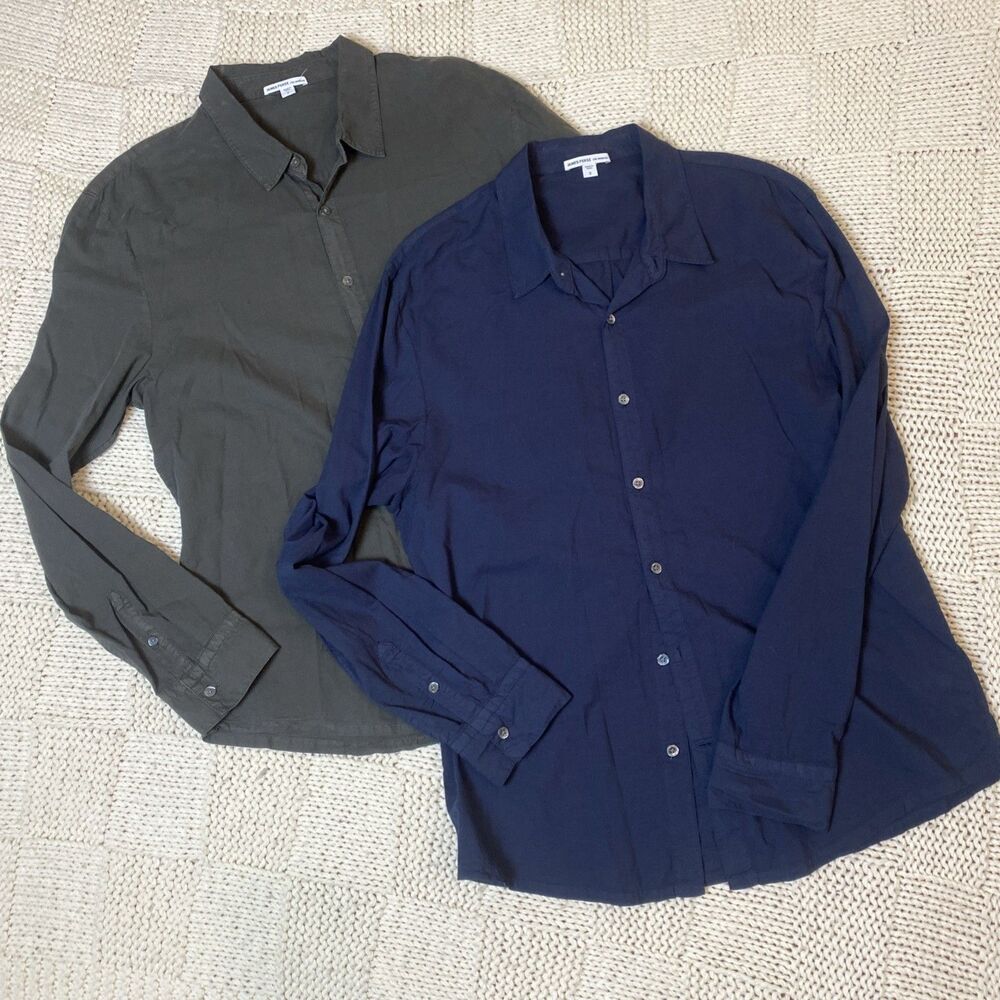 James Perse Lot of 2 100% Cotton Women's Button Down Dress Shirt Navy Grey 2